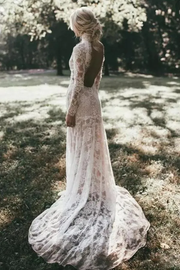 Mermaid High Neck Backless Long Sleeves Boho Lace Wedding Dress TN147