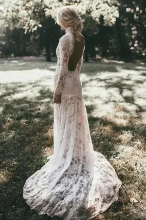 Mermaid High Neck Backless Long Sleeves Boho Lace Wedding Dress TN147