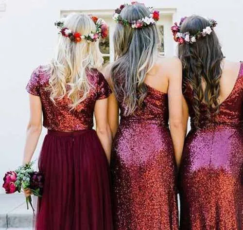 Mismatched Burgundy Sequins Bridesmaid Dresses Wedding Party Dresses, BD86