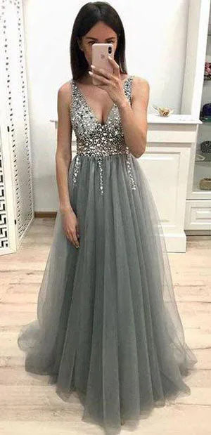 New Arrival Grey A-line Tulle V-neck Beaded Long Prom Dresses With Sequins, SP473