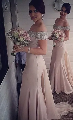 Off Shoulder Champagne Mermaid Bridesmaid Dress,Beaded Prom Dress,Formal Evening Dress,Mermaid Bridesmaid Dress,Custom Sexy Prom/Evening Dress,Bridesmaid Dresses