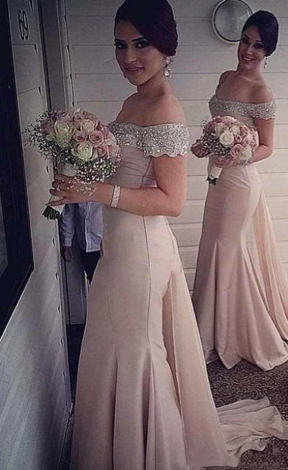 Off Shoulder Champagne Mermaid Bridesmaid Dress,Beaded Prom Dress,Formal Evening Dress,Mermaid Bridesmaid Dress,Custom Sexy Prom/Evening Dress,Bridesmaid Dresses