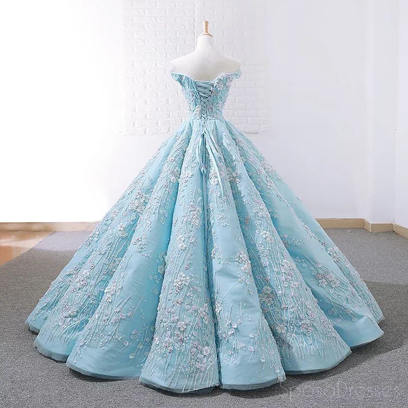 Off Shoulder Tiffany Blue Ball Gown Cheap Long Evening Prom Dresses, Cheap Custom Sweet 16 Dresses, 18532