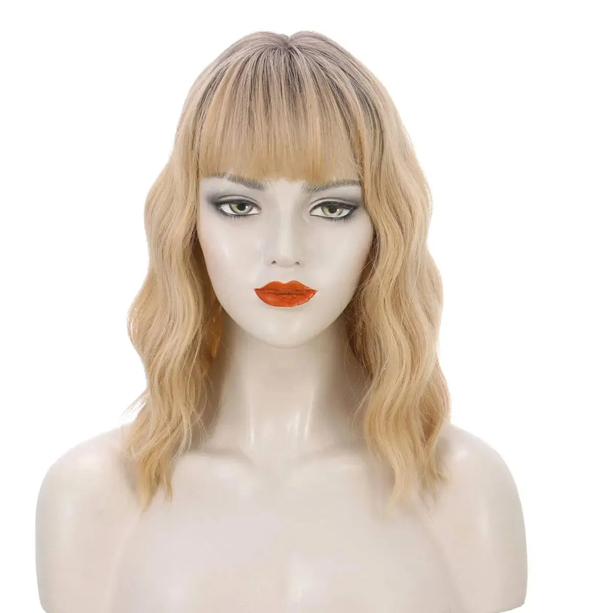Ombre Dirt Blonde Short Bob Wavy Hair Wig with Bang