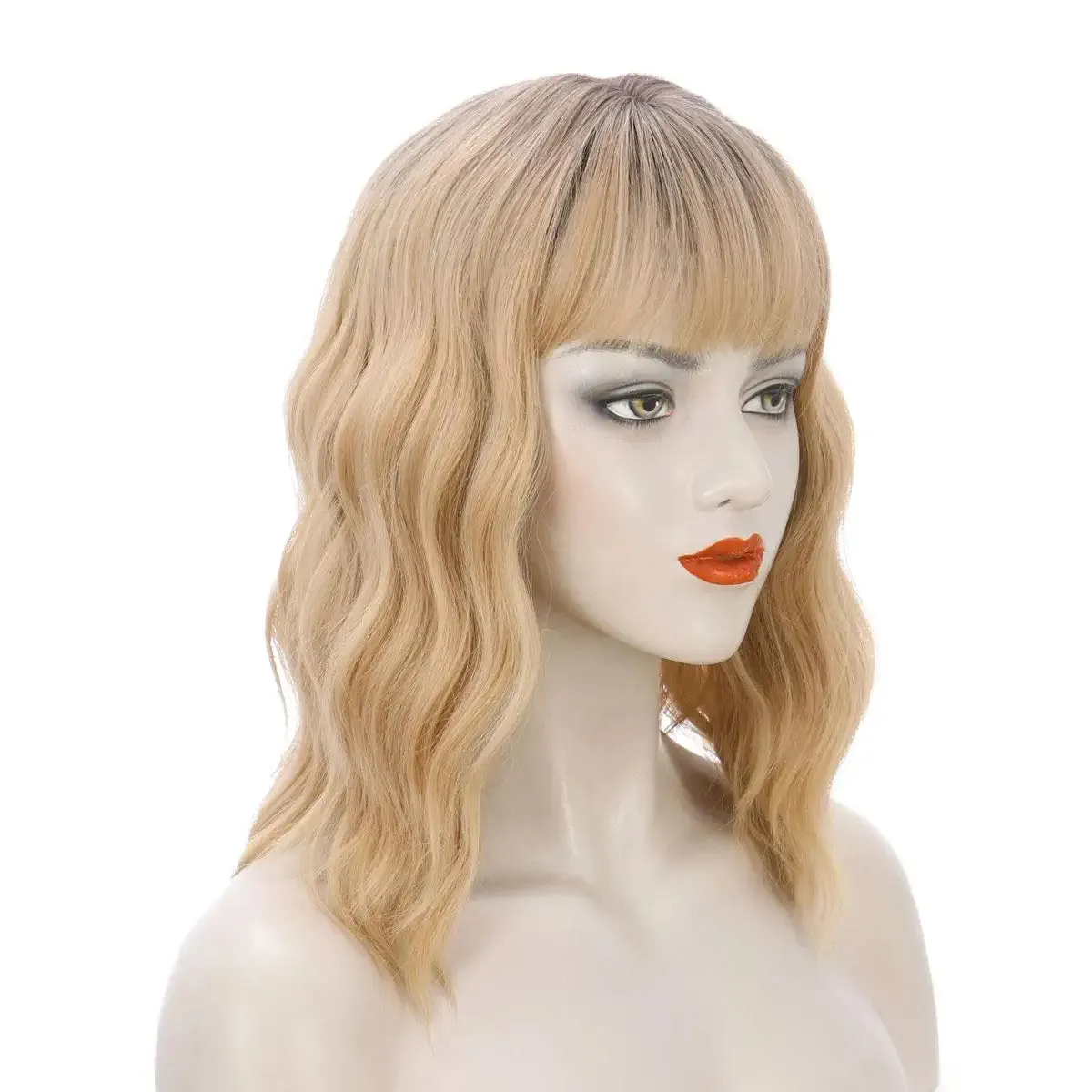 Ombre Dirt Blonde Short Bob Wavy Hair Wig with Bang