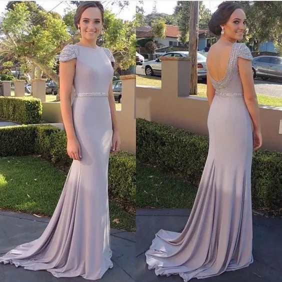Open Back Cap Sleeves Prom Dress with Sweep Train,Mermaid Evening Dresses,SIM626