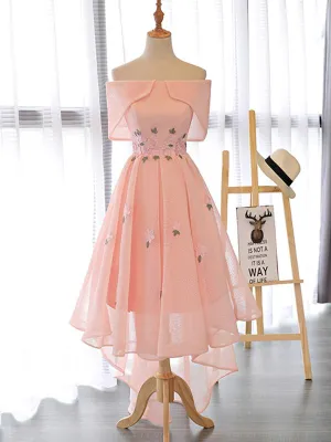Pink Cute High Low Off Shoulder Homecoming Dress with Flowers, Short Prom Dress