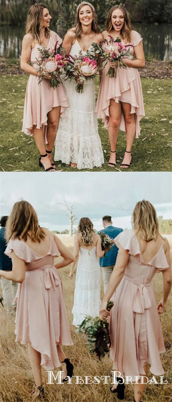 Pink V Neck Backless A Line Chiffon High Low Bridesmaid Dresses, TYP0007