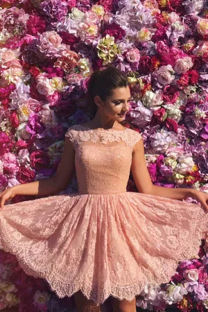 Princess A Line Open Back Cap Sleeves Prom Dress,Pink Short Lace Homecoming Dresses OK320