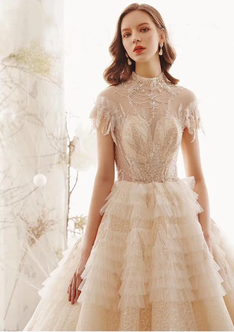 Princess High Neck Ball Gown Wedding Dress, Short Sleeves Bridal Dress OKK1