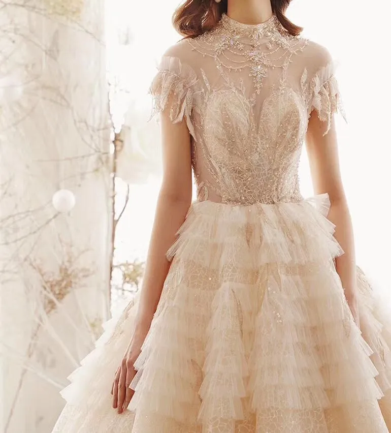 Princess High Neck Ball Gown Wedding Dress, Short Sleeves Bridal Dress OKK1