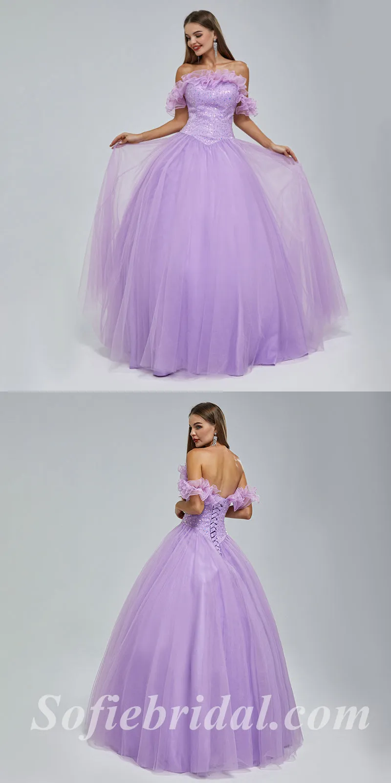Purple Sequin Tulle Sweetheart Off Shoulder A-Line Long Prom Dresses,SFPD0344