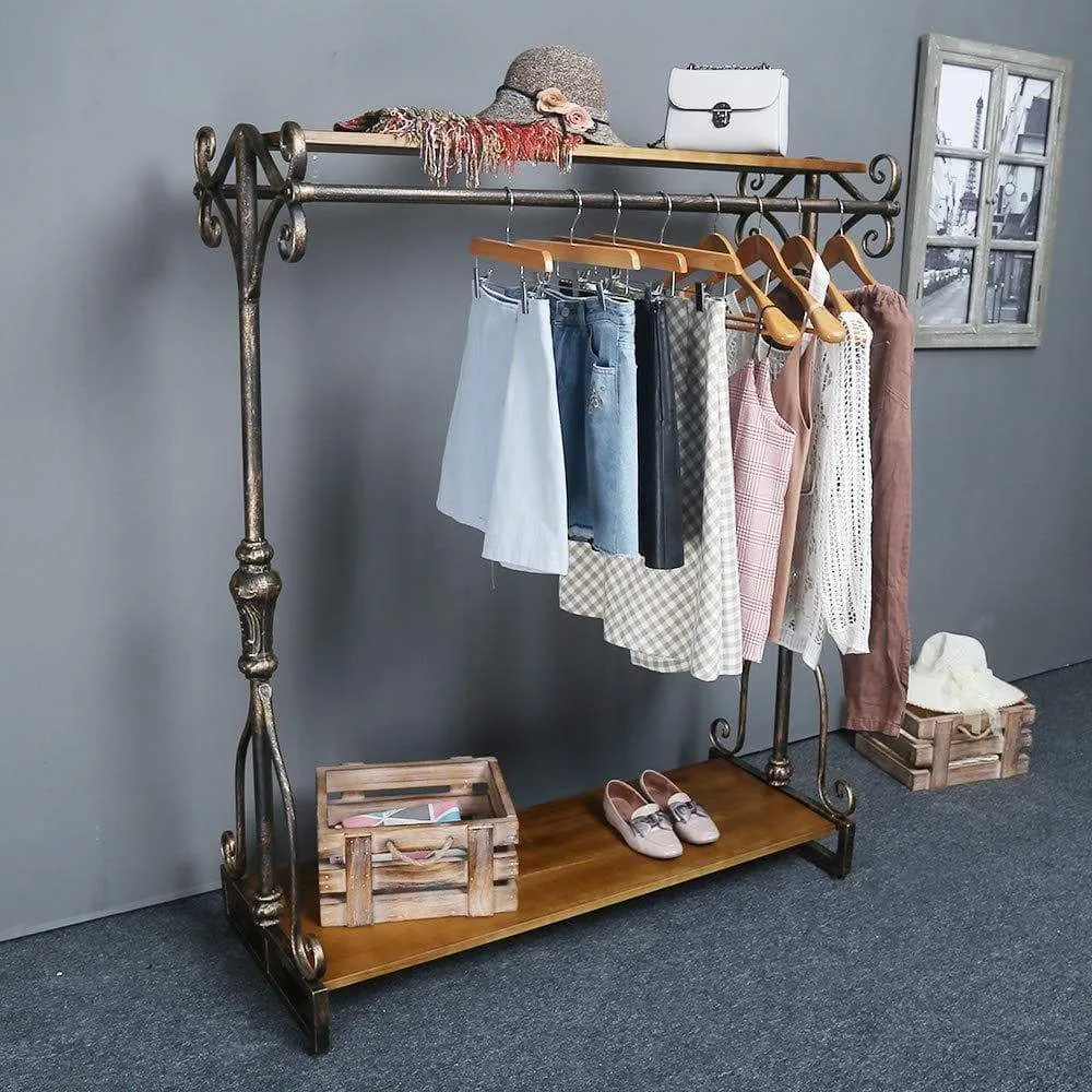 Qianniu Industrial Clothing Rack Display Commercial Grade Heavy Duty Garment Rack with Shelves Vintage Steampunk Hat Rack Shoes Rack Cloth Hanger (47")