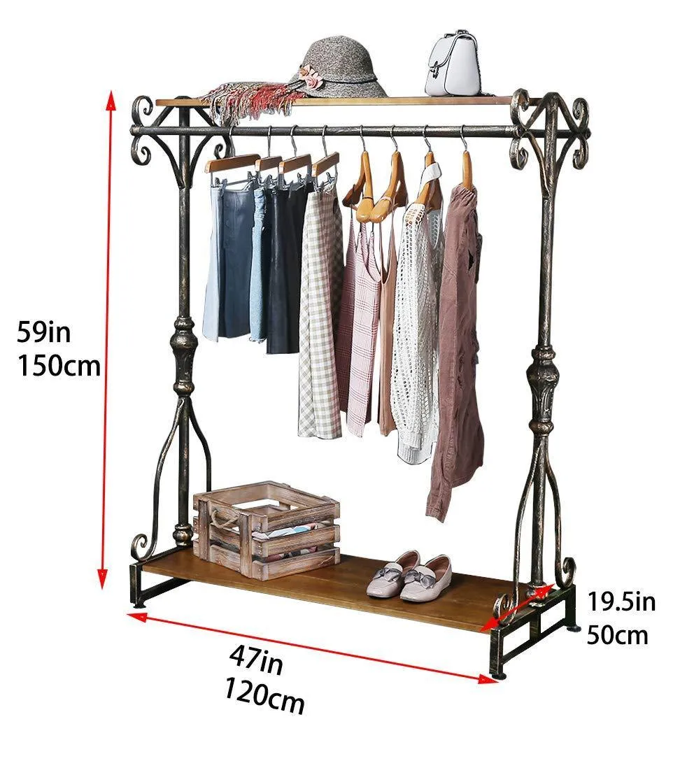 Qianniu Industrial Clothing Rack Display Commercial Grade Heavy Duty Garment Rack with Shelves Vintage Steampunk Hat Rack Shoes Rack Cloth Hanger (47")
