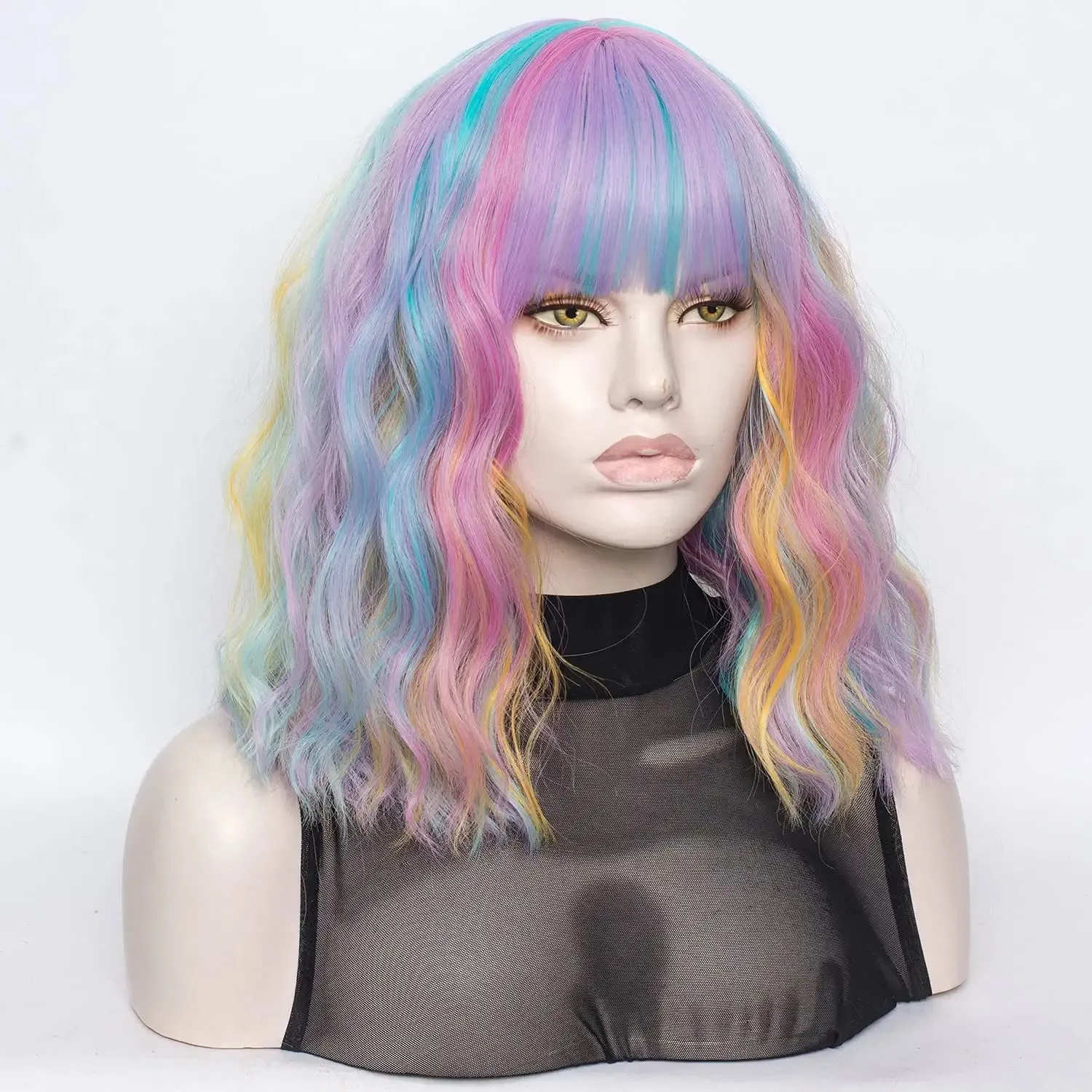 Rainbow Color Wavy Hair Wig with Bang