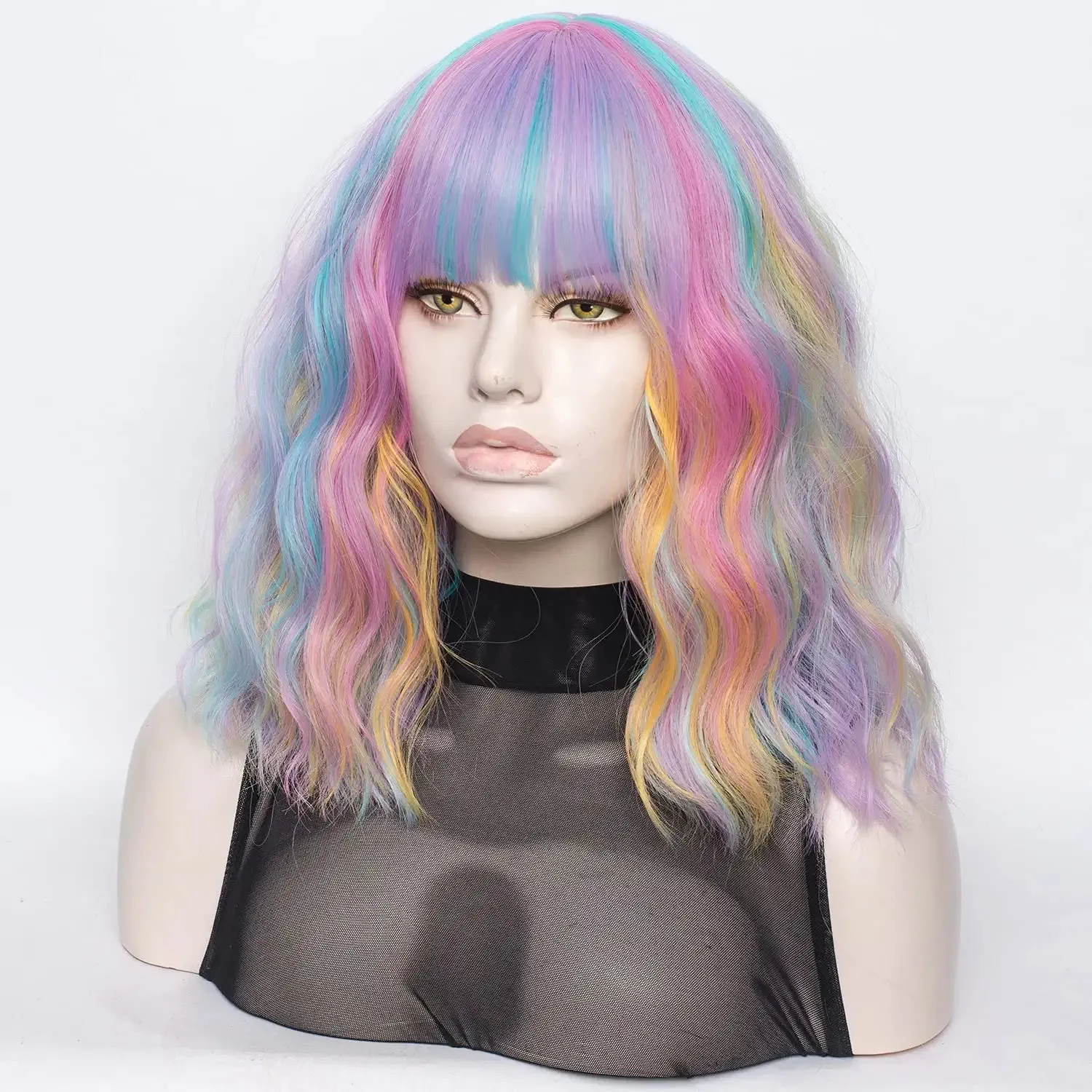 Rainbow Color Wavy Hair Wig with Bang