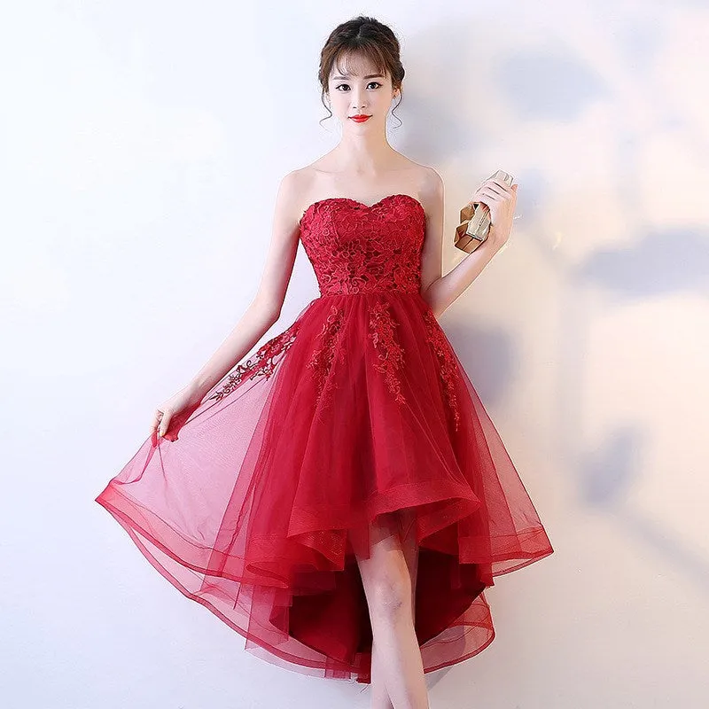 Red Sweetheart High Low Tulle and Lace Party Dress , Cute Formal Gowns