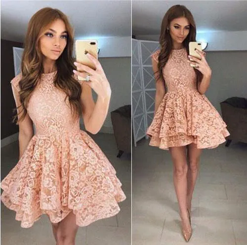 Round Neck Lace A-Line Princess Homecoming Dresses, Short Prom Dress, MH309