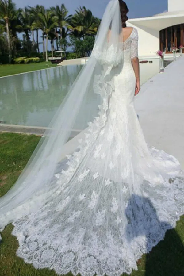 Roycebridal Fabulous Mermaid Half Sleeve Off Shoulder Wedding Dresses, Affordable Bridal Dress, MW149