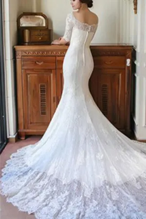 Roycebridal Fabulous Mermaid Half Sleeve Off Shoulder Wedding Dresses, Affordable Bridal Dress, MW149