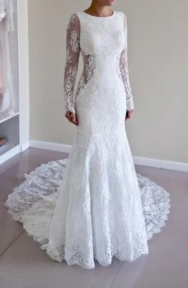 Scoop Open Back Sheath Lace Mermaid Wedding Dress With Long Sleeves TN0005
