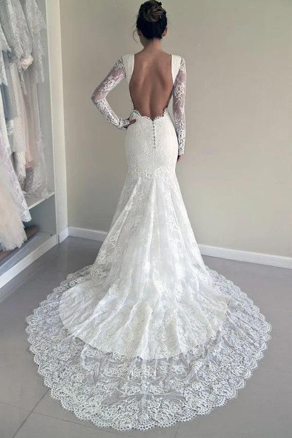 Scoop Open Back Sheath Lace Mermaid Wedding Dress With Long Sleeves TN0005