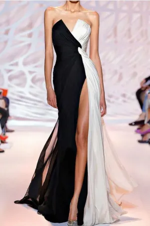 Sexy Bicolor High Slit Prom Dresses Chiffon With Ruffles Sweep Train APP0800