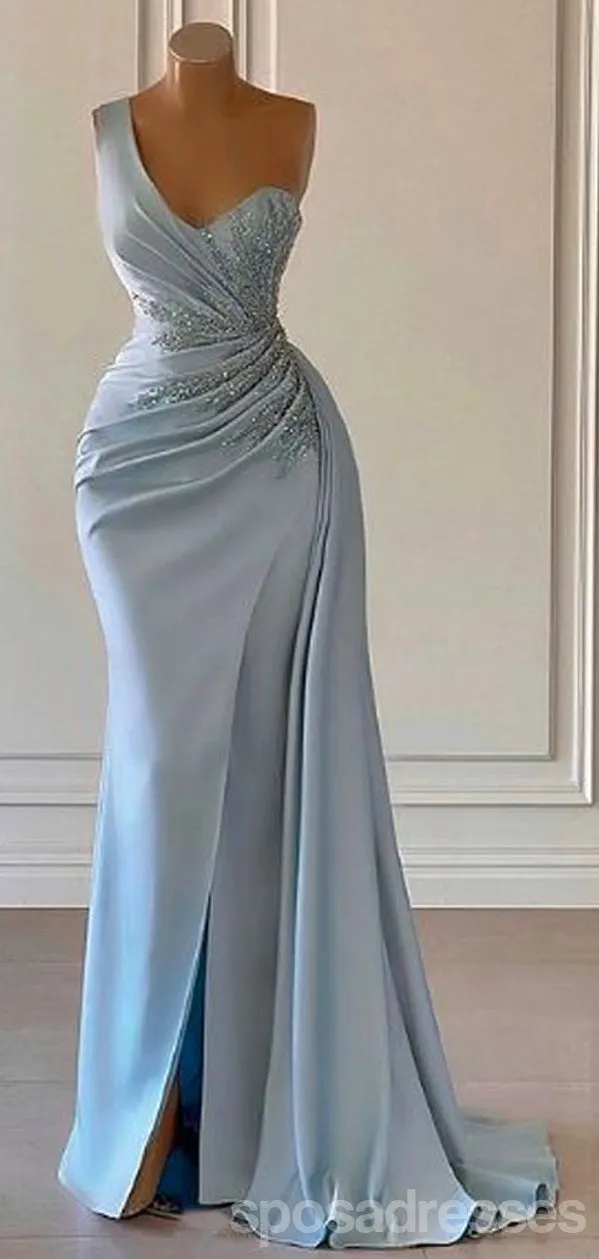 Sexy Blue Mermaid One Shoulder High Slit Cheap Long Prom Dresses,13020