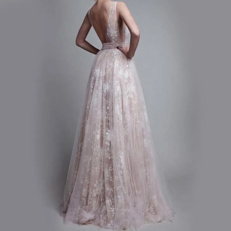 Sexy Ivory Tulle A-Line V-Neck Lace Appliques Long Party Prom Dress, PD0281