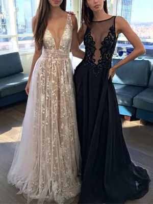 Sexy Ivory Tulle A-Line V-Neck Lace Appliques Long Party Prom Dress, PD0281