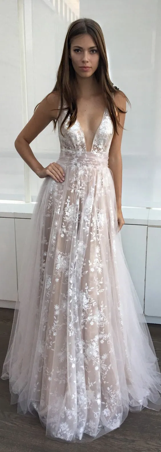 Sexy Ivory Tulle A-Line V-Neck Lace Appliques Long Party Prom Dress, PD0281