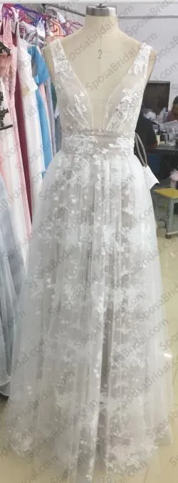 Sexy Ivory Tulle A-Line V-Neck Lace Appliques Long Party Prom Dress, PD0281