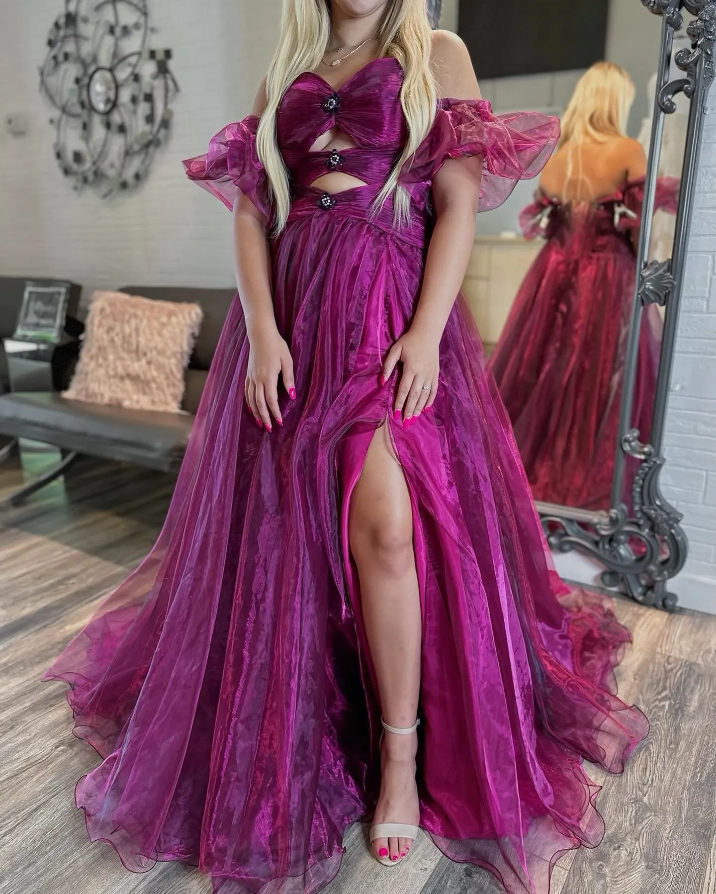 Sexy Organza Sweetheart Side Slit A-Line Long Prom Dresses, PD0950