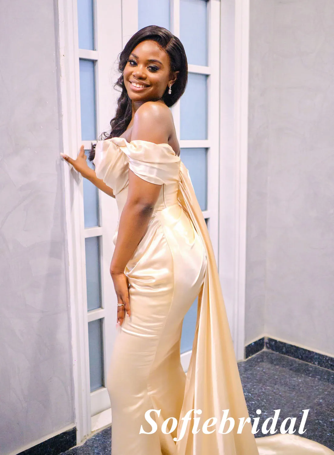 Sexy Soft Satin Off Shoulder Sleeveless Mermaid Floor Length Bridesmaid Dresses With Train, SFWG00557