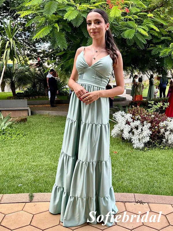 Sexy Soft Satin Spaghetti Straps V-Neck Sleeveless A-Line Floor Length Prom Dress, PD01099