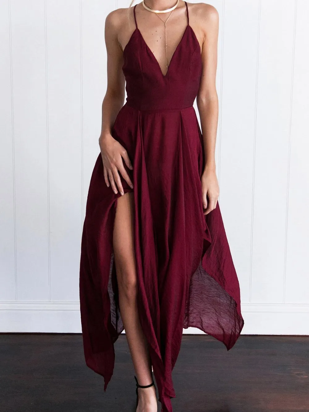 Sexy Spaghetti Strap Burgundy High-low Side-slit A-line Cheap Homecoming Dress, CM512