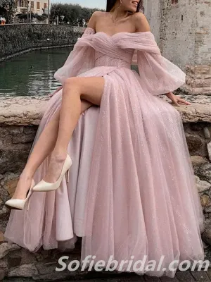 Sexy Tulle Off Shoulder Long Sleeve A-Line Side Slit Long Wedding Dresses,SFWD0069