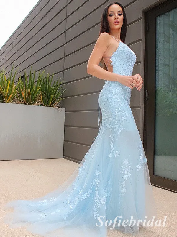 Sexy Tulle Spaghetti Straps Sleeveless Mermaid Long Prom Dresses With Applique, PD0900