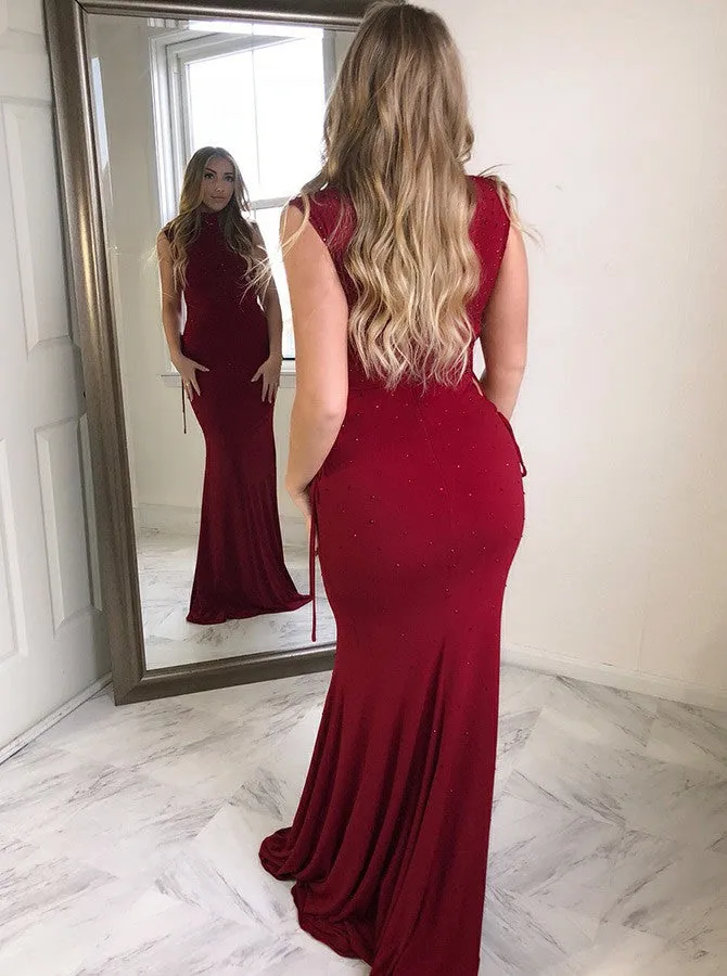 Sheath High Neck Sleeveless Beading Long Prom Dresses With Train, PD0764