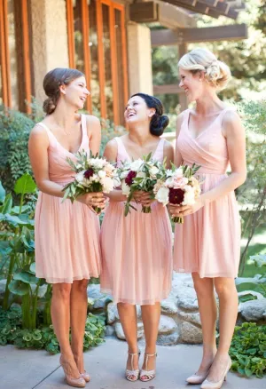 Short Pink Bridesmaid Dress,V neck Chiffon Junior Bridesmaid Dress,Custom Made Bridesmaid Dress,Knee Length Bridesmaid Dress