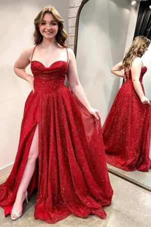Sweetheart Neck Burgundy Tulle Long Prom Dresses with High Slit APP0769