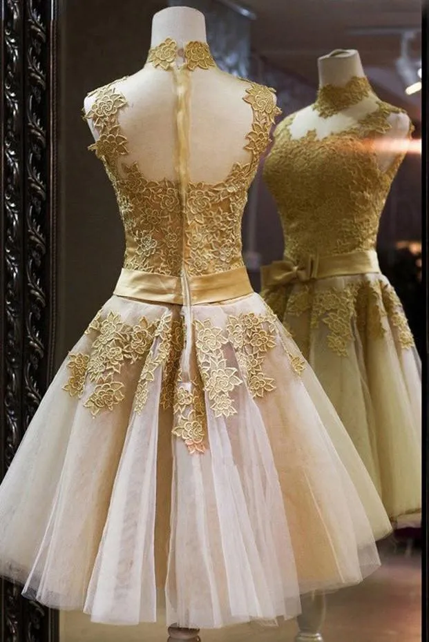Tulle God Lace Vintage High Quality High Neck Bowknot Homecoming Dresses, MH137