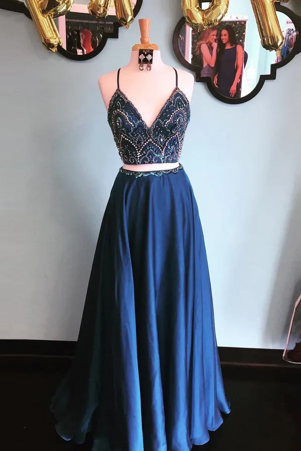 Two Piece Chiffon Rhinestone Spaghetti Straps Long Prom Dresses on Line, SP375