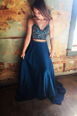 Two Piece Chiffon Rhinestone Spaghetti Straps Long Prom Dresses on Line, SP375