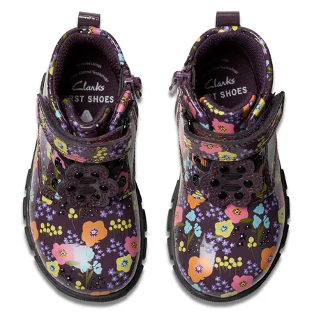 UK 7 Plum Flowers Patent Evyn Boots