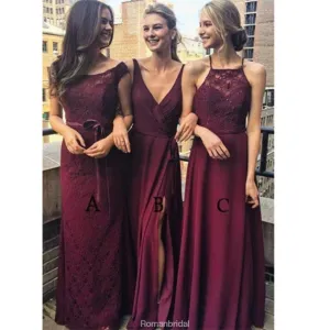 Unique Sexy Lace Dark Red High Slit Cheap Long Bridesmaid Dresses, BD0461
