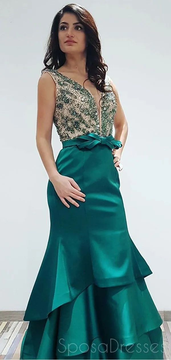 V Neck Emerald Green Mermaid Long Evening Prom Dresses, Cheap Sweet 16 Dresses, 18338