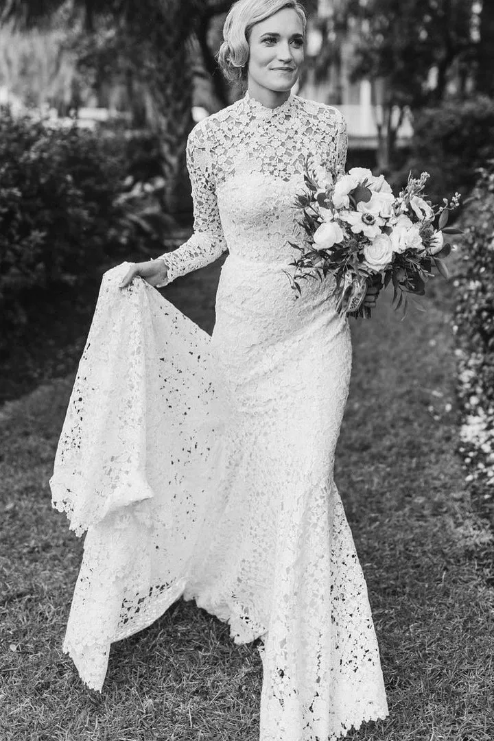 Vintage Memraid High Neck Lace Wedding Gowns With Long Sleeves OK1290