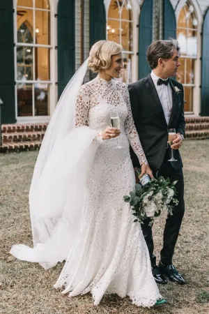 Vintage Memraid High Neck Lace Wedding Gowns With Long Sleeves OK1290