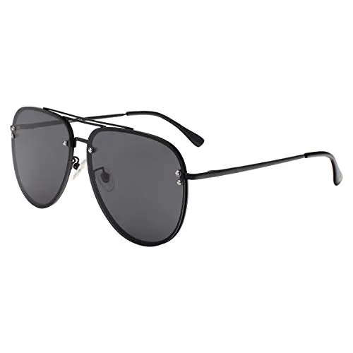 VIVIENFANG Oversized Rimless Aviator Sunglasses Metal Frame with Spring Hinges, Designer Inspired Shade for Women/Men 87247A Black